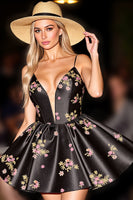 Load image into Gallery viewer, Black Satin A Line Short Floral Corset Prom Dress