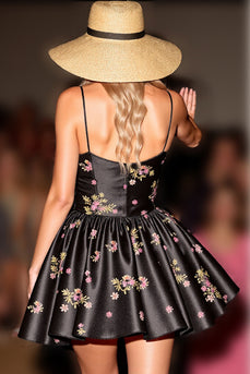 Black Satin A Line Short Floral Corset Prom Dress