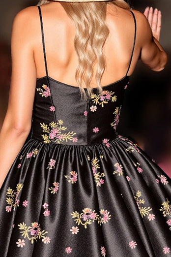 Black Satin A Line Short Floral Corset Prom Dress