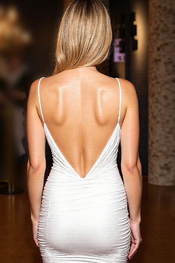 White Spaghetti Straps Satin Bodycon Short Prom Dress