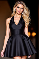 Load image into Gallery viewer, Black A Line Halter Satin Short Prom Dress