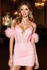 Load image into Gallery viewer, Pink Bodycon Corset Short Prom Dress with Feathers