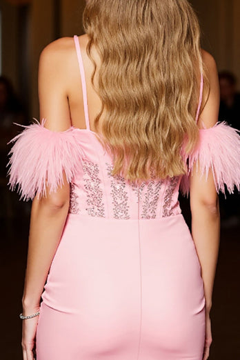 Pink Bodycon Corset Short Prom Dress with Feathers