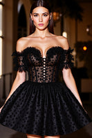 Load image into Gallery viewer, Black A Line Short Corset Prom Dress with Appliques