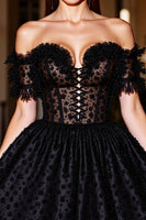 Load image into Gallery viewer, Black A Line Short Corset Prom Dress with Appliques