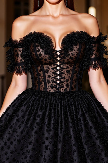 Black A Line Short Corset Prom Dress with Appliques