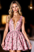 Load image into Gallery viewer, Pink A Line V-Neck Printed Short Prom Dress with Bow