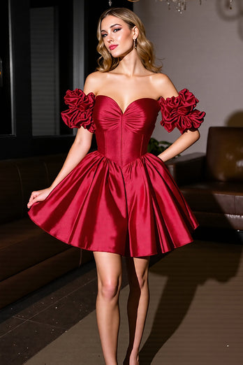 Burgundy A Line Satin Short Prom Dress with Ruffles