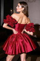 Load image into Gallery viewer, Burgundy A Line Satin Short Prom Dress with Ruffles