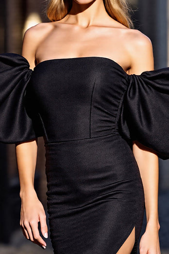 Black Off the Shoulder Bodycon Corset Satin Short Prom Dress with Slit