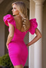 Load image into Gallery viewer, Fuchsia Bodycon V-Neck Short Satin Prom Dress with Ruffles
