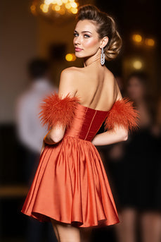 Orange Satin A Line Short Prom Dress with Feathers