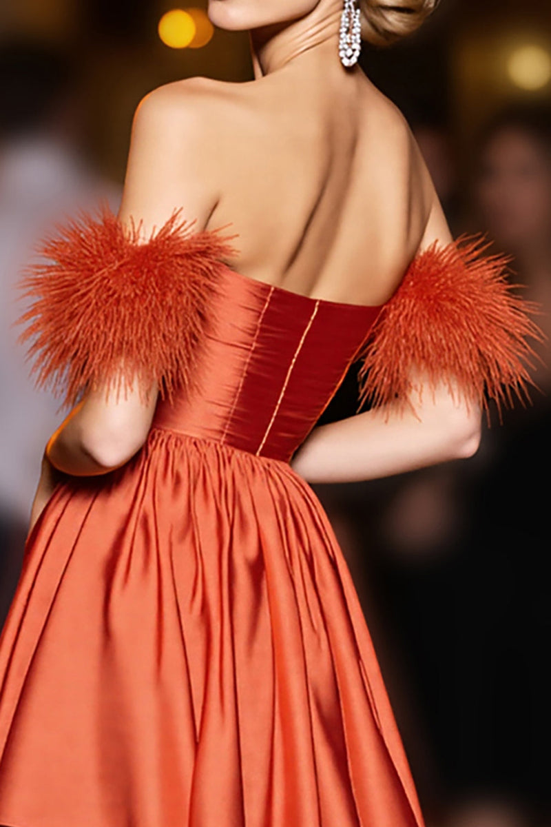Load image into Gallery viewer, Orange Satin A Line Short Prom Dress with Feathers