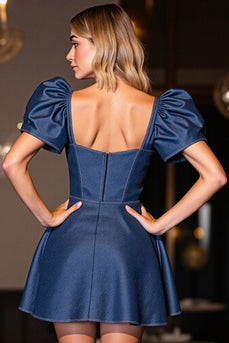Dark Blue Short A Line Corset Prom Dress with Sleeves
