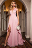 Load image into Gallery viewer, Pink A Line V-Neck Ruched Maxi Prom Dress with Slit