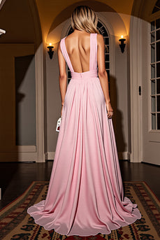 Pink A Line V-Neck Ruched Maxi Prom Dress with Slit