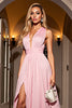 Load image into Gallery viewer, Pink A Line V-Neck Ruched Maxi Prom Dress with Slit
