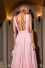 Load image into Gallery viewer, Pink A Line V-Neck Ruched Maxi Prom Dress with Slit