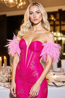 Load image into Gallery viewer, Sparkly Fuchsia Sweetheart Short Corset Prom Dress with Feathers