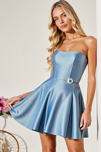 Blue A Line Strapless Short Satin Prom Dress