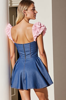 Dark Blue A Line Corset Short Prom Dress with Ruffles