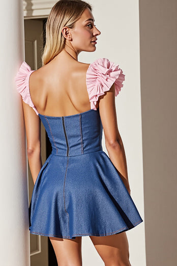Dark Blue A Line Corset Short Prom Dress with Ruffles
