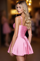 Load image into Gallery viewer, Pink A Line Spaghetti Straps Satin Short Prom Dress