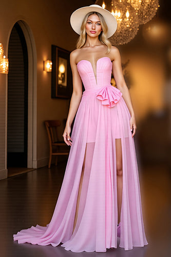 Pink Chiffon Corset Ruffled Maxi Prom Dress with Ruffles