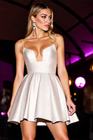 Load image into Gallery viewer, White Satin Spaghetti Straps A Line Short Prom Dress