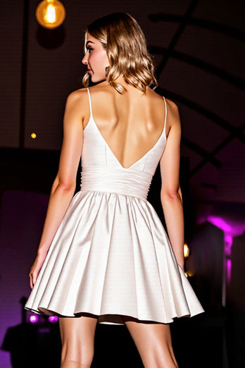 White Satin Spaghetti Straps A Line Short Prom Dress