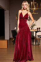 Load image into Gallery viewer, Burgundy Sheath Spaghetti Straps Ruched Maxi Velvet Formal Dress
