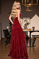 Load image into Gallery viewer, Burgundy Sheath Spaghetti Straps Ruched Maxi Velvet Formal Dress