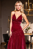 Load image into Gallery viewer, Burgundy Sheath Spaghetti Straps Ruched Maxi Velvet Formal Dress