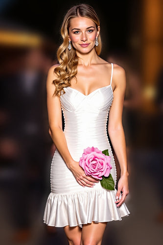 White Ruffled Bodycon Spaghetti Straps Short Prom Dress