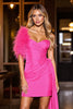 Load image into Gallery viewer, Fuchsia Satin Short Tight Prom Dress with Feather