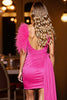 Load image into Gallery viewer, Fuchsia Satin Short Tight Prom Dress with Feather