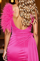 Load image into Gallery viewer, Fuchsia Satin Short Tight Prom Dress with Feather