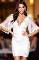 Load image into Gallery viewer, White Satin V Neck Tight Short Prom Dress with Sleeves