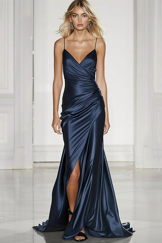 Dark Blue Mermaid Satin Maxi Formal Dress with Slit