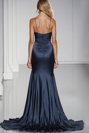 Dark Blue Mermaid Satin Maxi Formal Dress with Slit