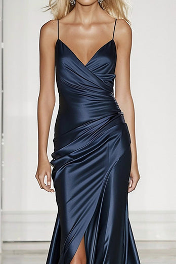 Dark Blue Mermaid Satin Maxi Formal Dress with Slit