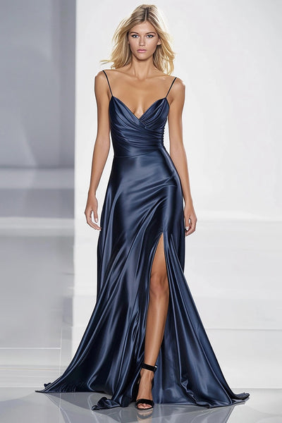 Dark Blue Spaghetti Straps Satin Maxi Formal Dress with Slit