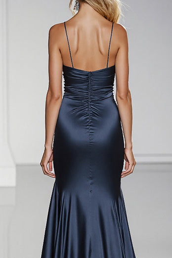 Dark Blue Spaghetti Straps Satin Maxi Formal Dress with Slit