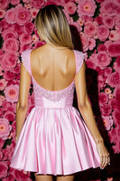 Load image into Gallery viewer, Sparkly Pink Satin Short Corset Prom Dress with Bow