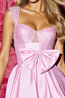 Load image into Gallery viewer, Sparkly Pink Satin Short Corset Prom Dress with Bow