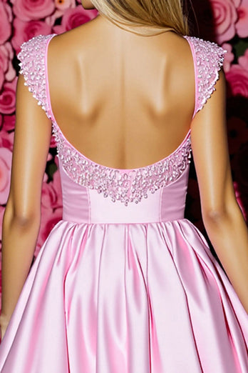Sparkly Pink Satin Short Corset Prom Dress with Bow