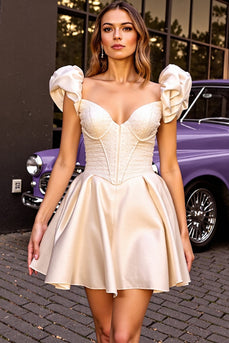 Ivory Satin Corset Ruffled Short Prom Dress