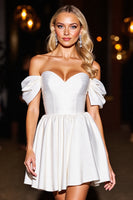Load image into Gallery viewer, White A Line Off the Shoulder Satin Short Prom Dress with Ruffles