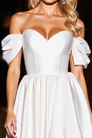 Load image into Gallery viewer, White A Line Off the Shoulder Satin Short Prom Dress with Ruffles