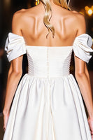 Load image into Gallery viewer, White A Line Off the Shoulder Satin Short Prom Dress with Ruffles